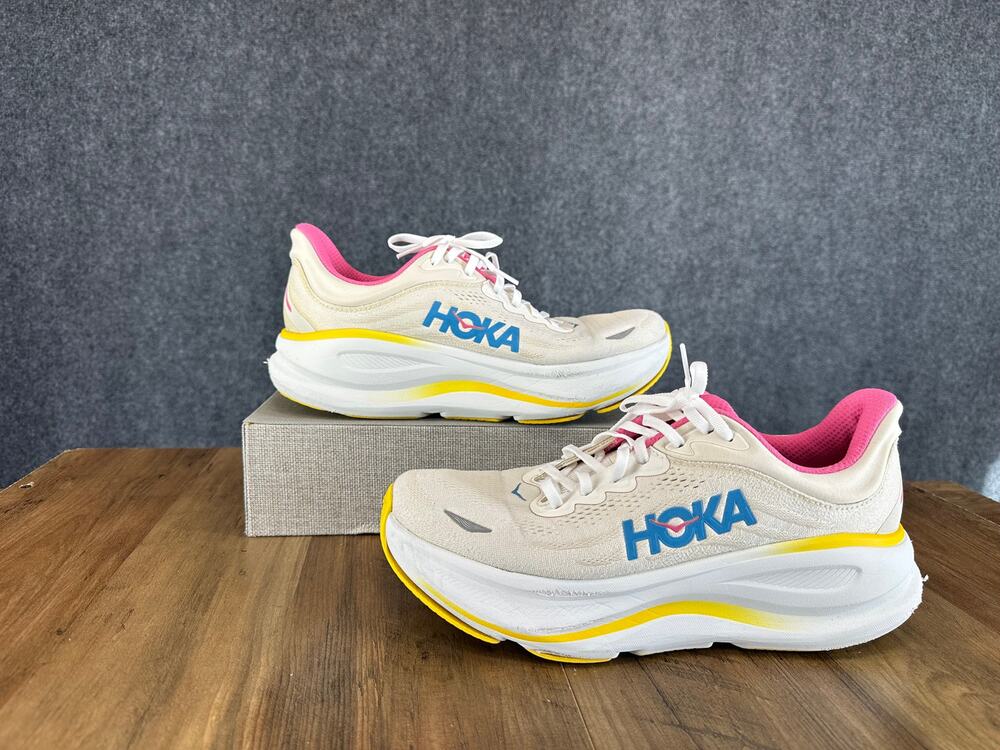 HOKA Bondi 9 Women’s Running Shoes White Pink Yellow Blue Sneakers SZ 10.5